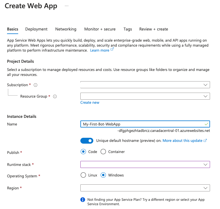 Screenshot that shows details to set to create a web app deployment.