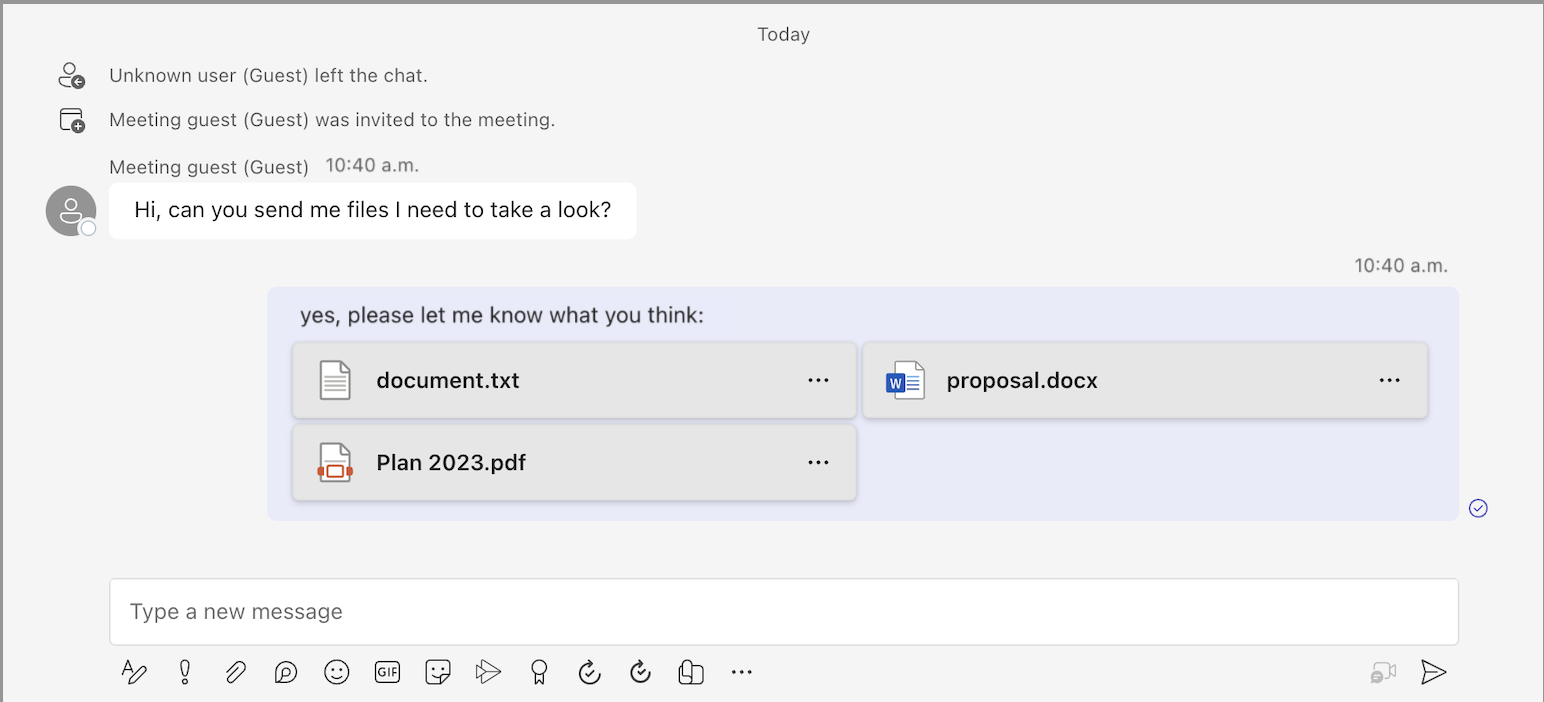 Screenshot that shows the Teams client with a sent message with three file attachments.