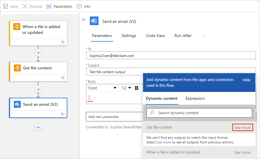 Screenshot shows Standard workflow designer, "Send an email" action, and dynamic content list opened with "See more" selected next to "Get file content".