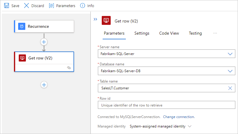 Screenshot shows Standard workflow designer and managed action named Get row with example table name and empty row ID.