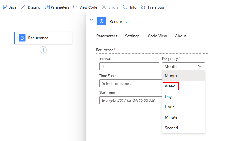 Screenshot for Standard workflow designer with Recurrence trigger interval and frequency.