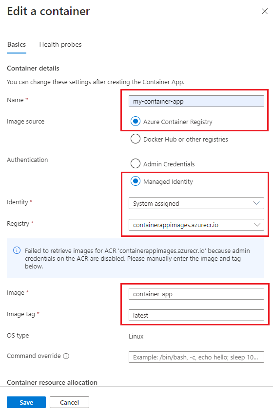 Screen shot Edit a container with system-assigned managed identity.