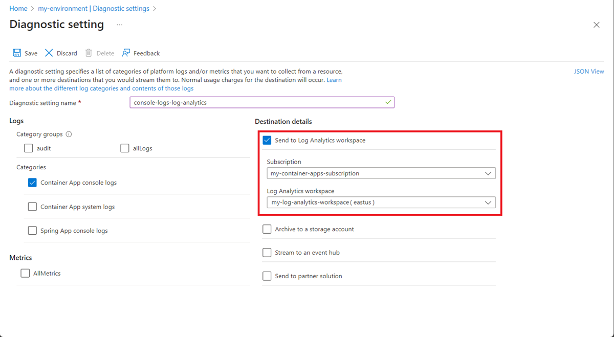 Screenshot diagnostic settings Log Analytics destination.