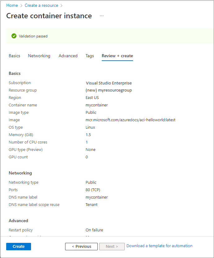 Settings summary for a new container instance in the Azure portal