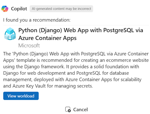 Screenshot of example of a template recommendation from Microsoft Copilot in Azure (preview).