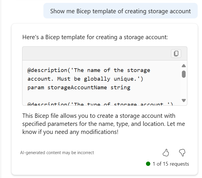 Screenshot of Microsoft Copilot in Azure providing a Bicep template for creating a storage account.