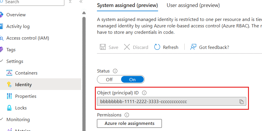 Screenshot of the details for an enabled system-assigned managed identity.