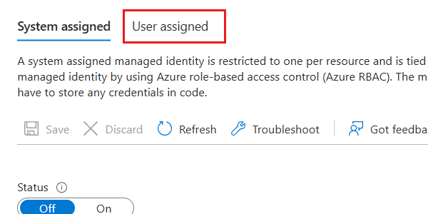 Screenshot of the 'User assigned' option in the 'Identity' pane for the web app.