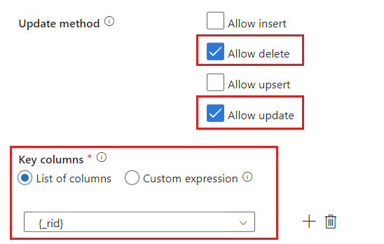 Screenshot of update methods and key columns being specified for the sink.