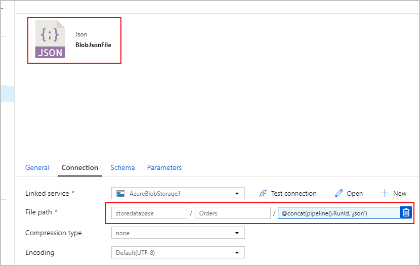 Screenshot that highlights the JSON source file and the File path fields.