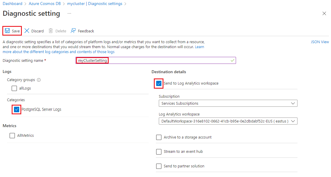 Screenshot that shows settings for the diagnostic setting.