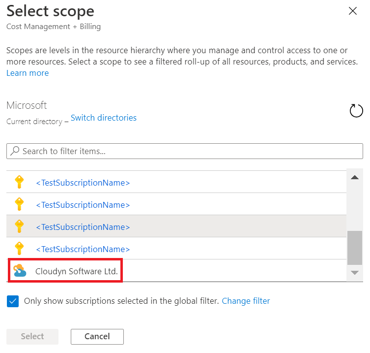 Screenshot showing the Select scope view with consolidated accounts.