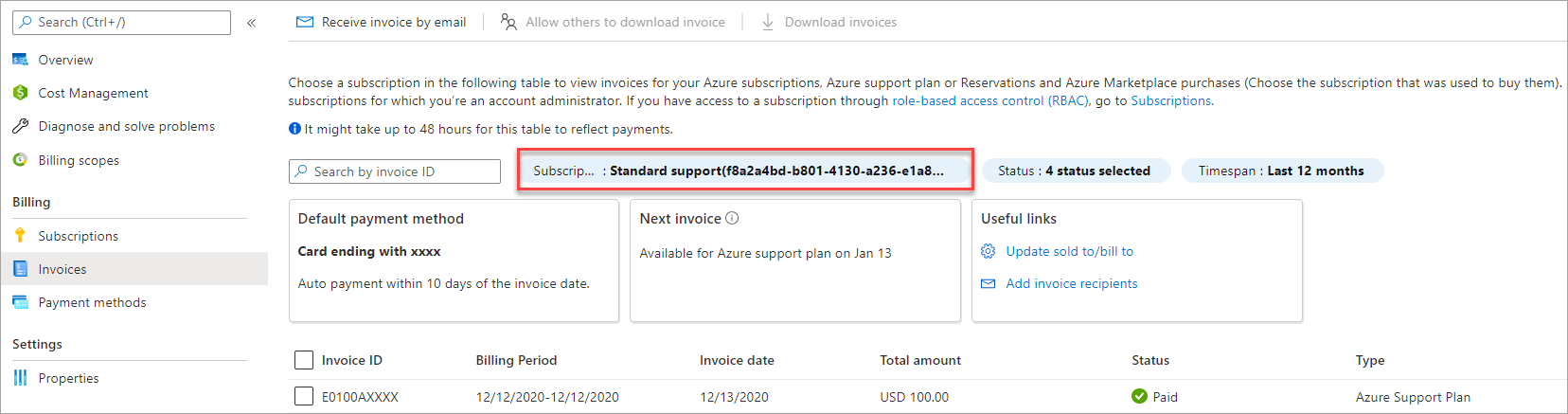 Screenshot that shows an MOSP support plan invoice billing profile list.