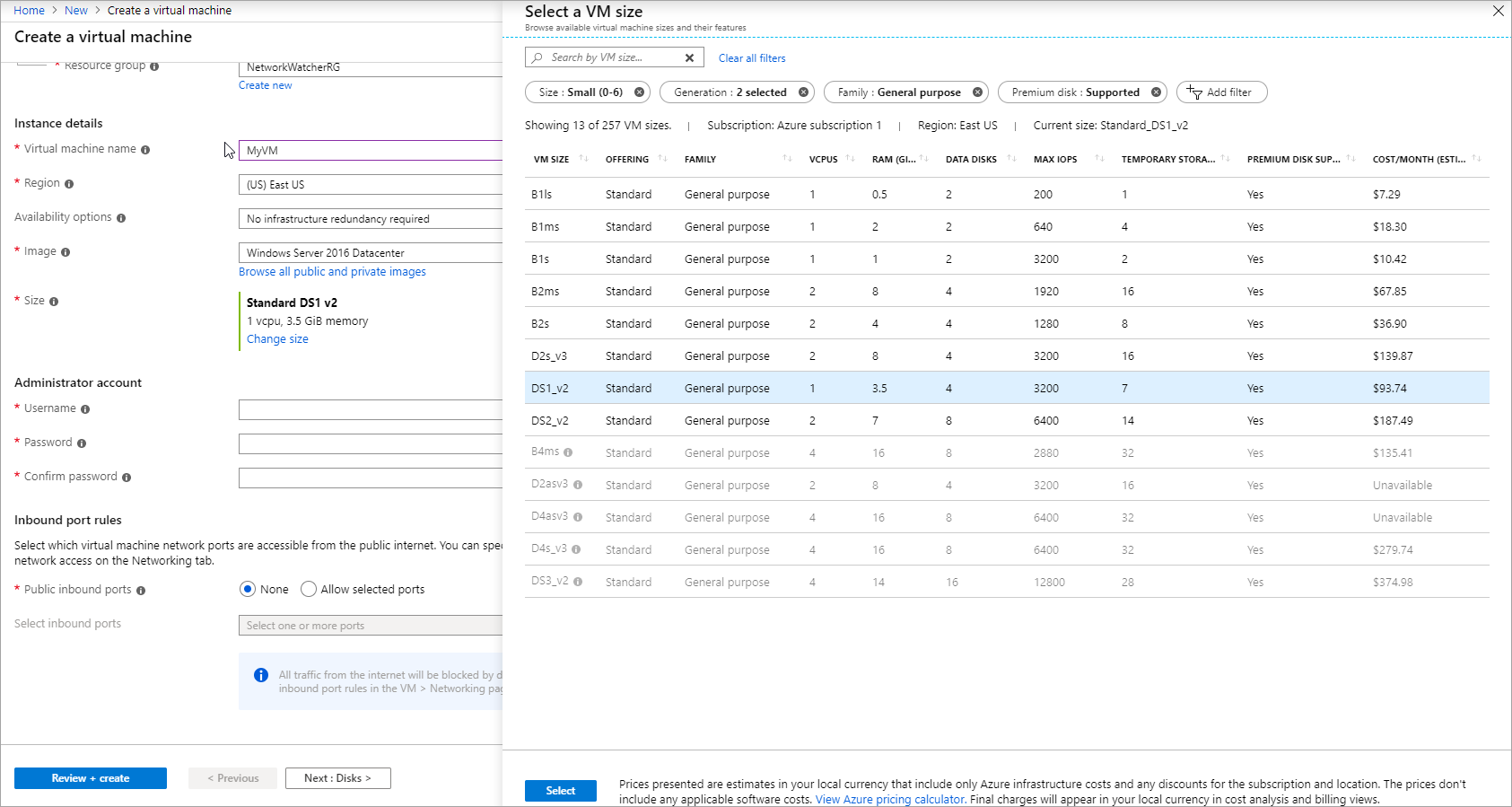 Screenshot showing an A1 Windows VM with estimated cost per month.