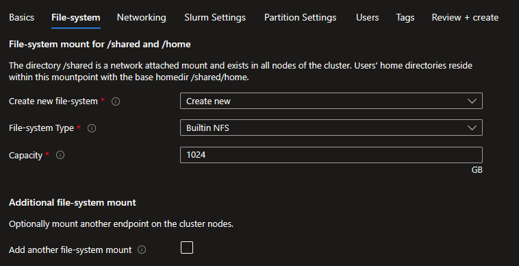 Screenshot of the File-system mount for /shared and /home Builtin NFS create new options screen