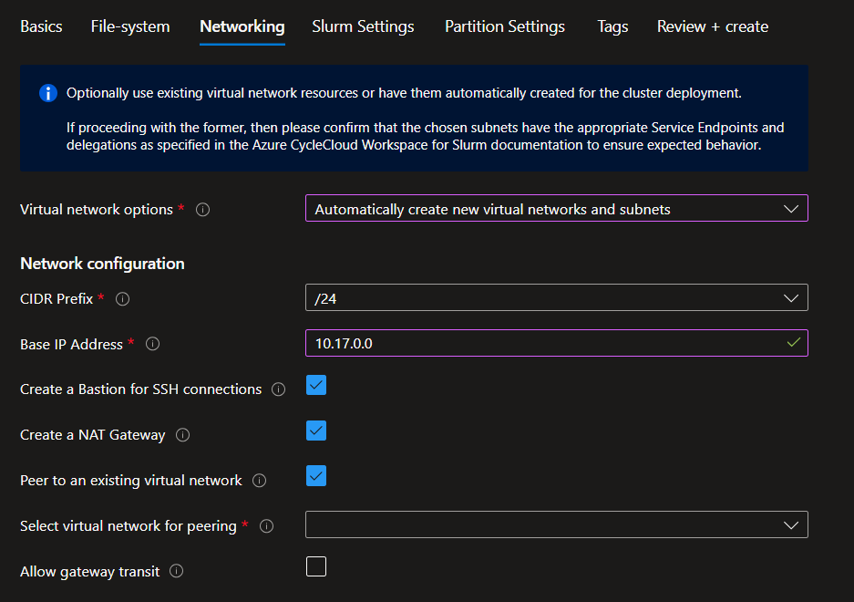 Screenshot of the Networking options for creating a new one