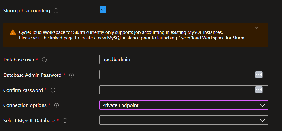 Screenshot of the Slurm Setting options for job accounting database, direct FQDN