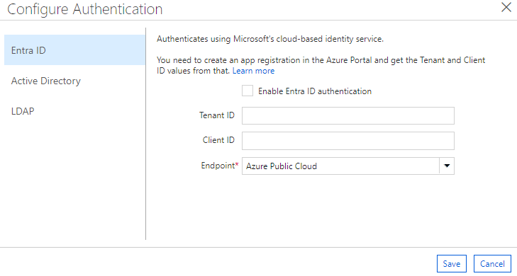 Entra ID Authentication Configuration menu