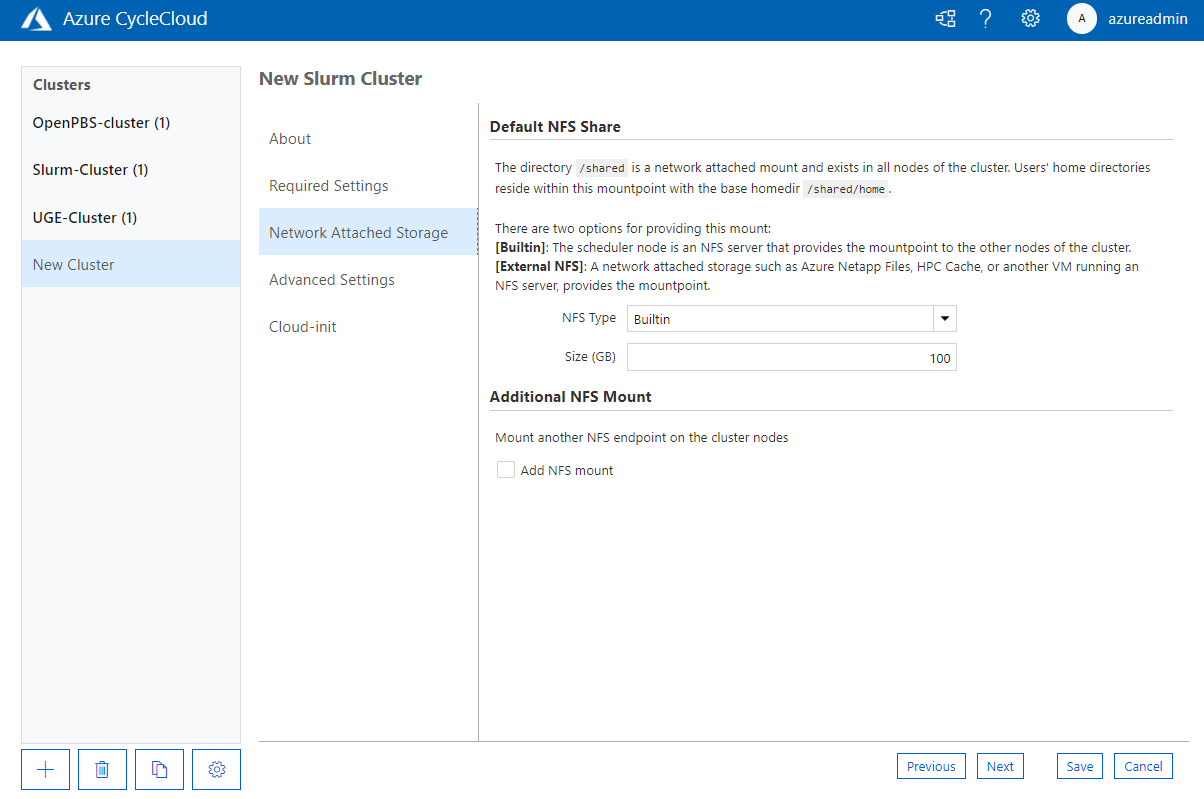 New Cluster Network Attached Storage Settings screen