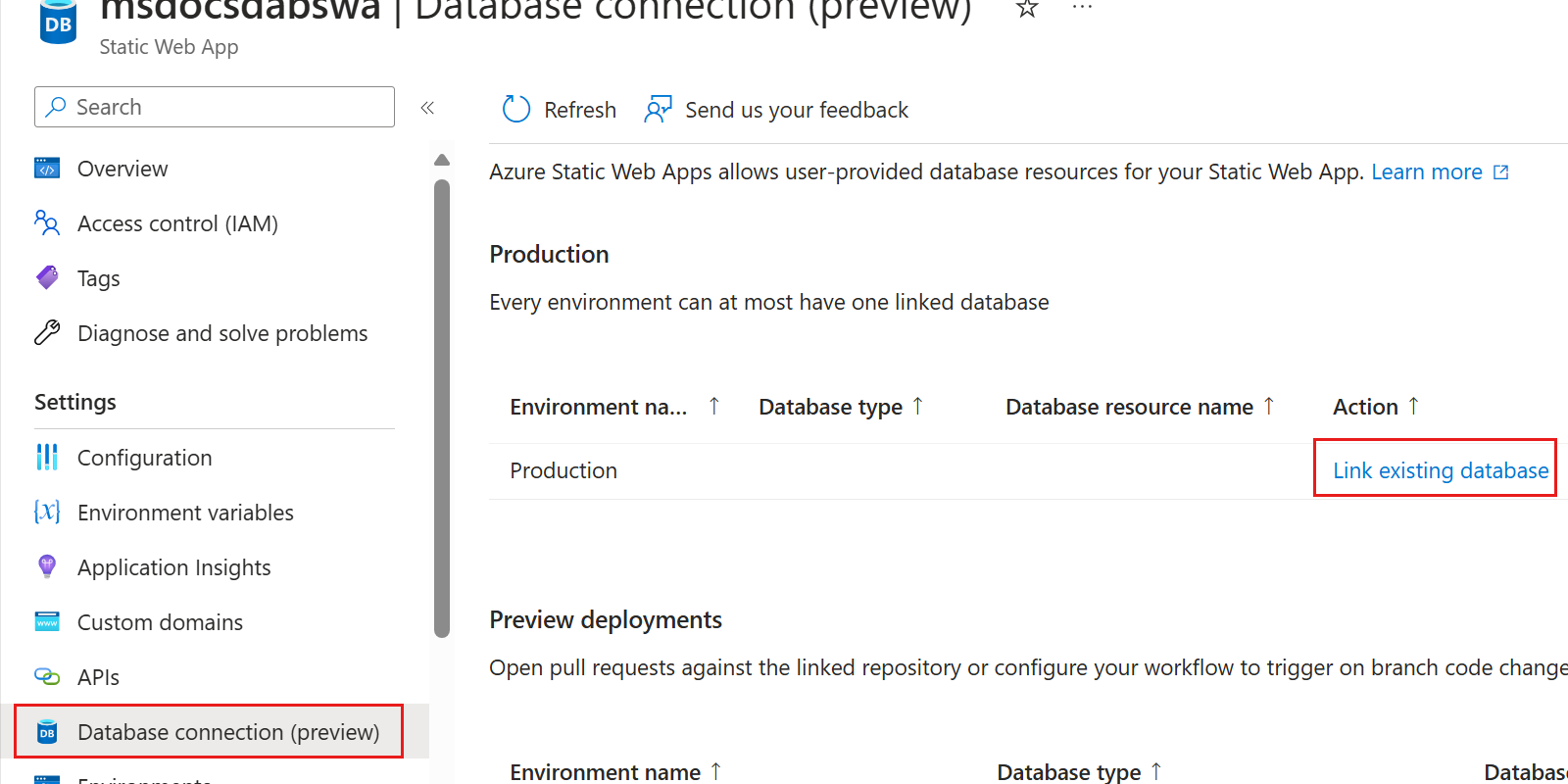 Screenshot of the `Database connection` option in the Azure Static Web Apps page of the Azure portal.