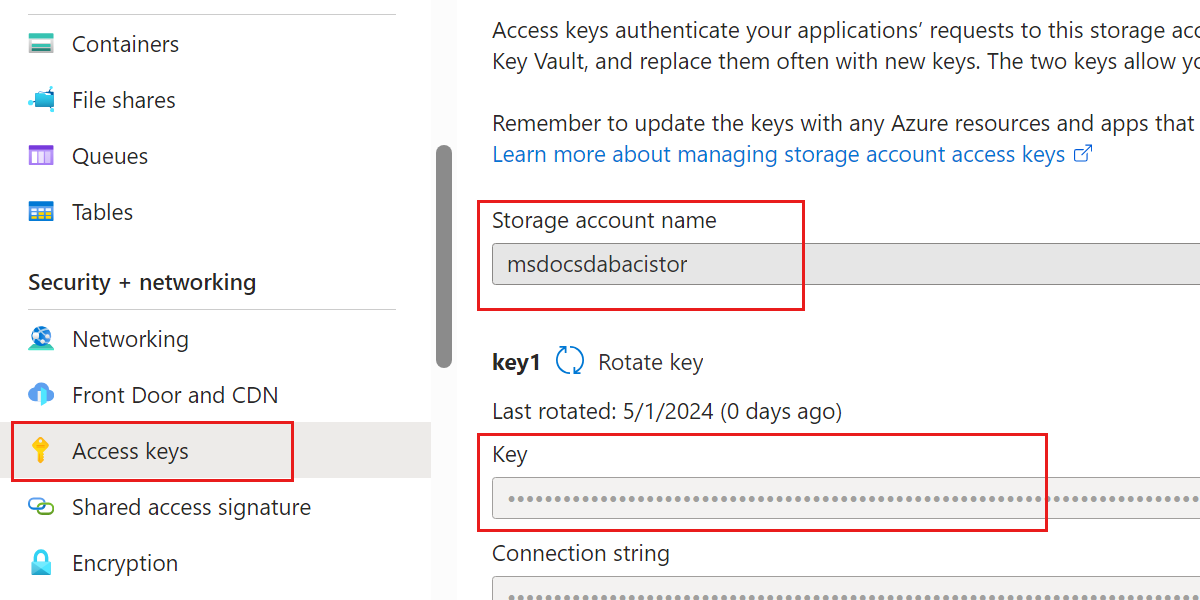 Screenshot of the 'Access Keys' page within a storage account in the Azure portal.