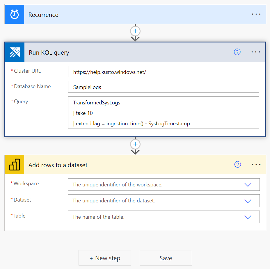 Screenshot of Power BI connector, showing add row to a dataset action.