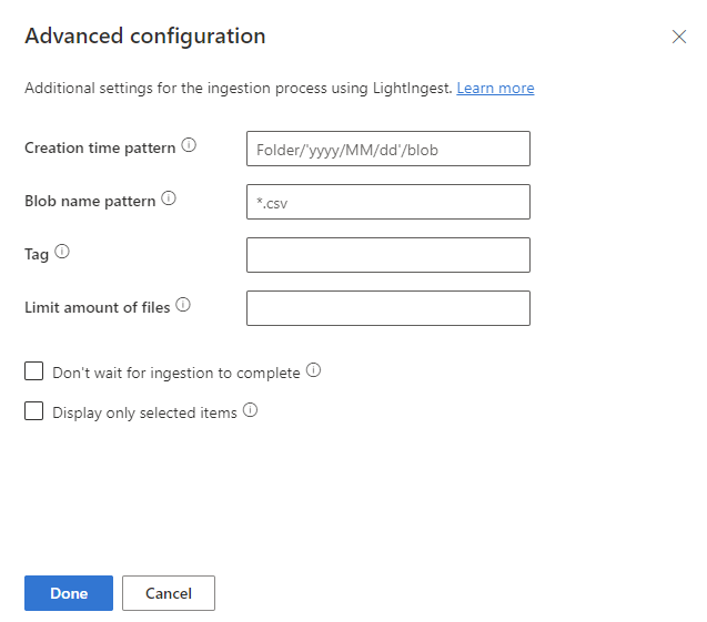 Screenshot of the advanced configuration pane showing the additional settings for the ingestion processing involving the tool LightIngest.