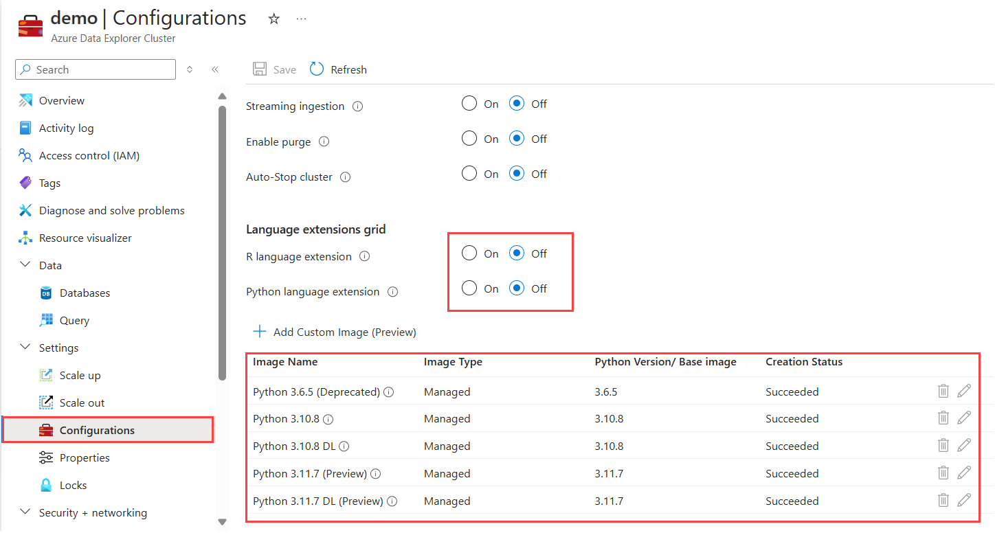 Screenshot of Azure Data Explorer cluster configuration page, showing the enable language extension options.