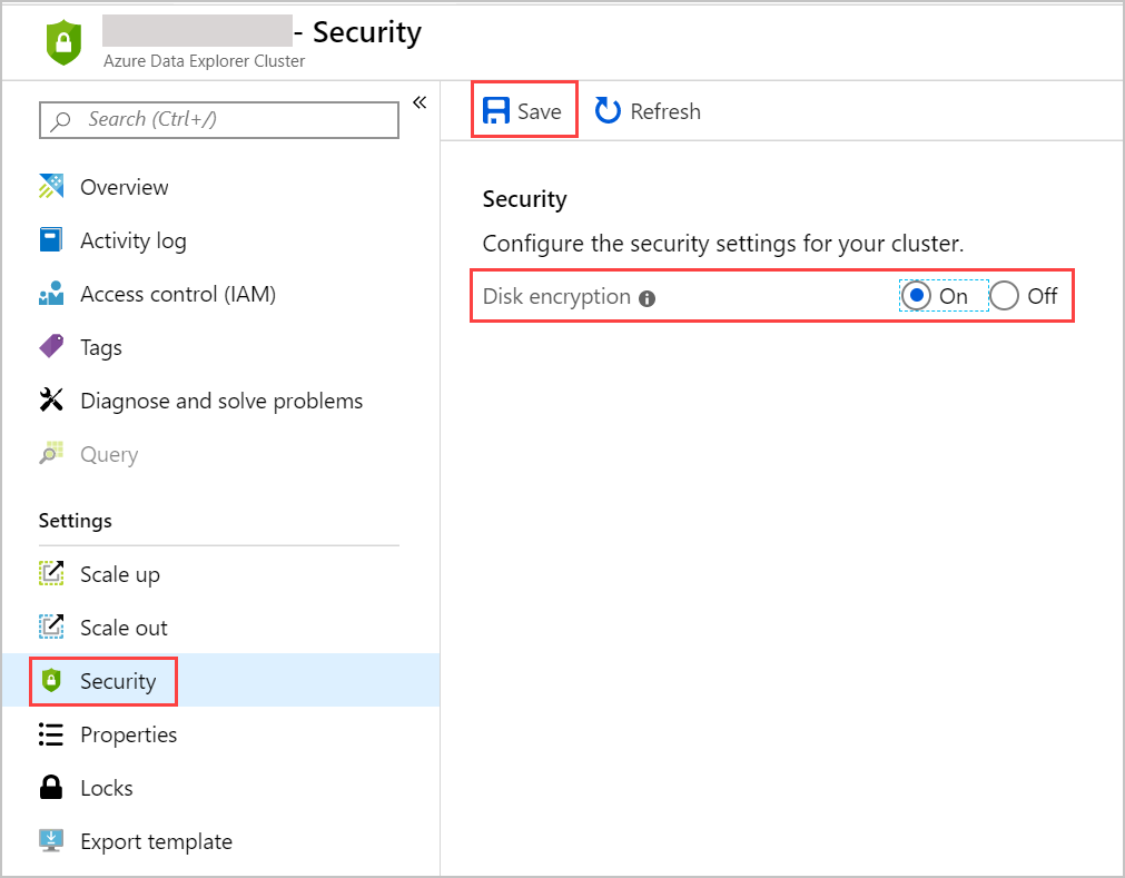 Screenshot of security page, showing disk encryption at rest being turned on.