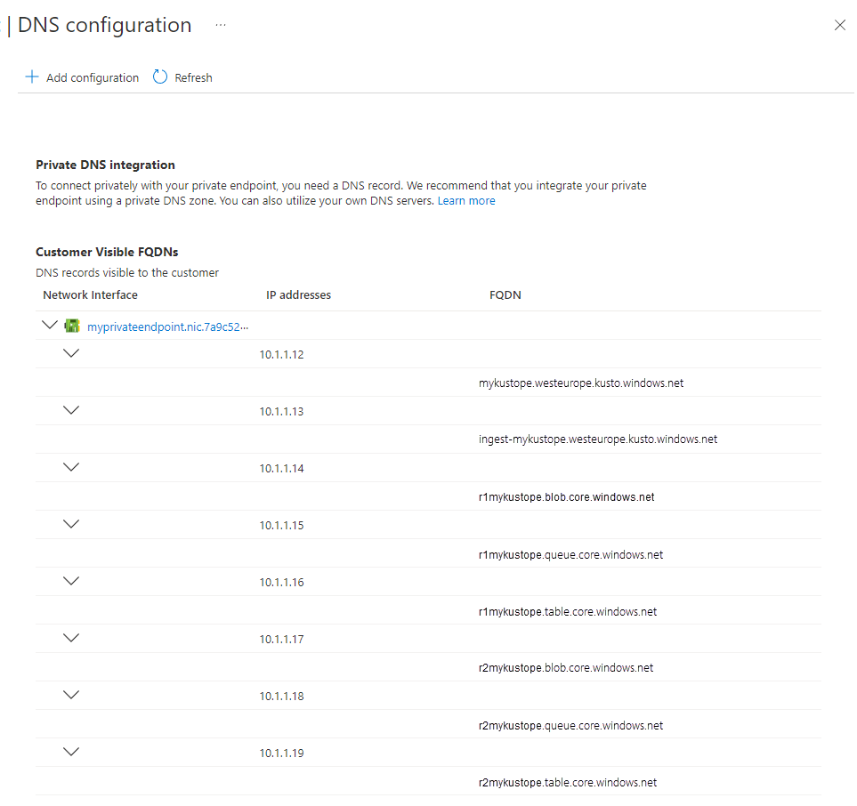 Screenshot of the DNS configuration page, showing the DNS configuration of the private endpoint.