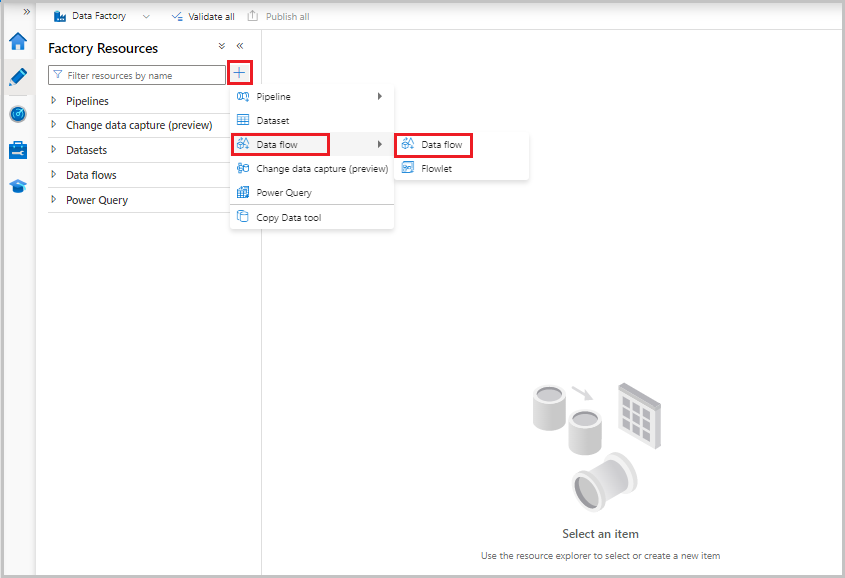 Screenshot showing where to create a new data flow in the data factory.