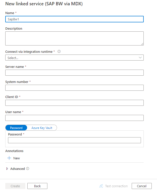 Configure a linked service to SAP BW.