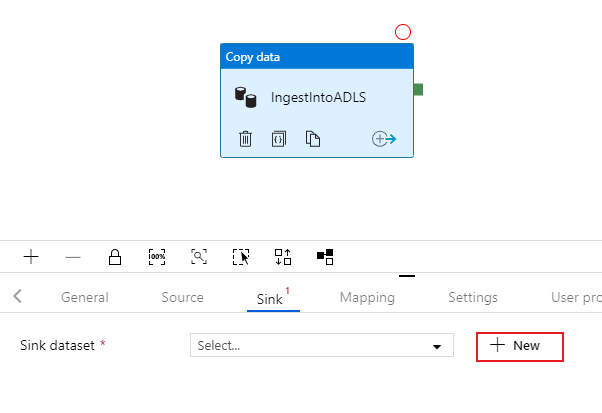 Screenshot from the Azure portal of creating a new dataset in the Copy Data sink option.