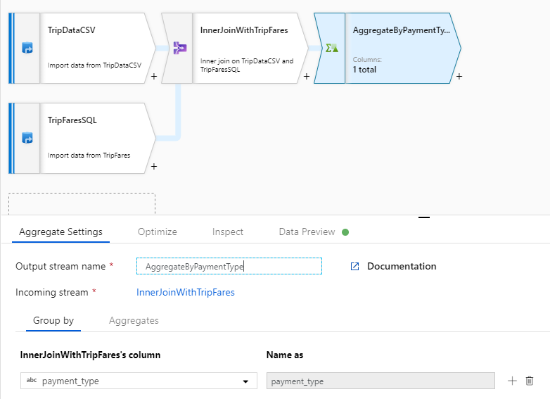 Screenshot from the Azure portal of aggregate settings.