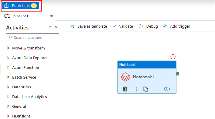 Screenshot showing how to publish the new data factory entities.