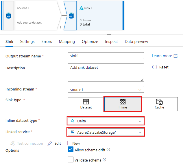 Screenshot showing the Sink details for an inline delta dataset.