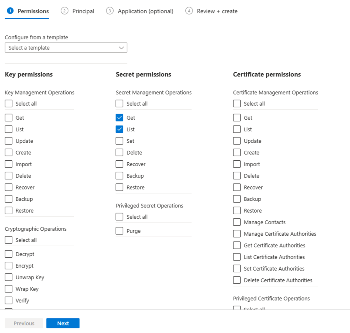 Screenshot showing selection of permissions.