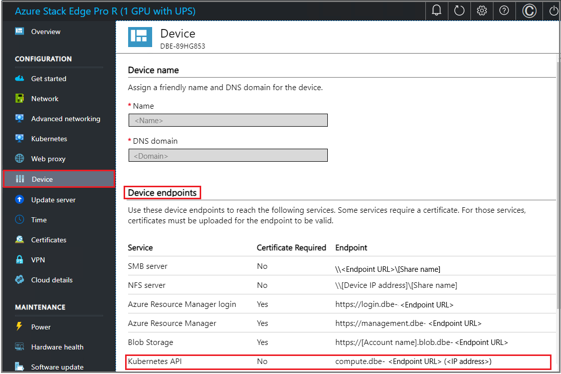 Screenshot that shows the Device page in local U I.