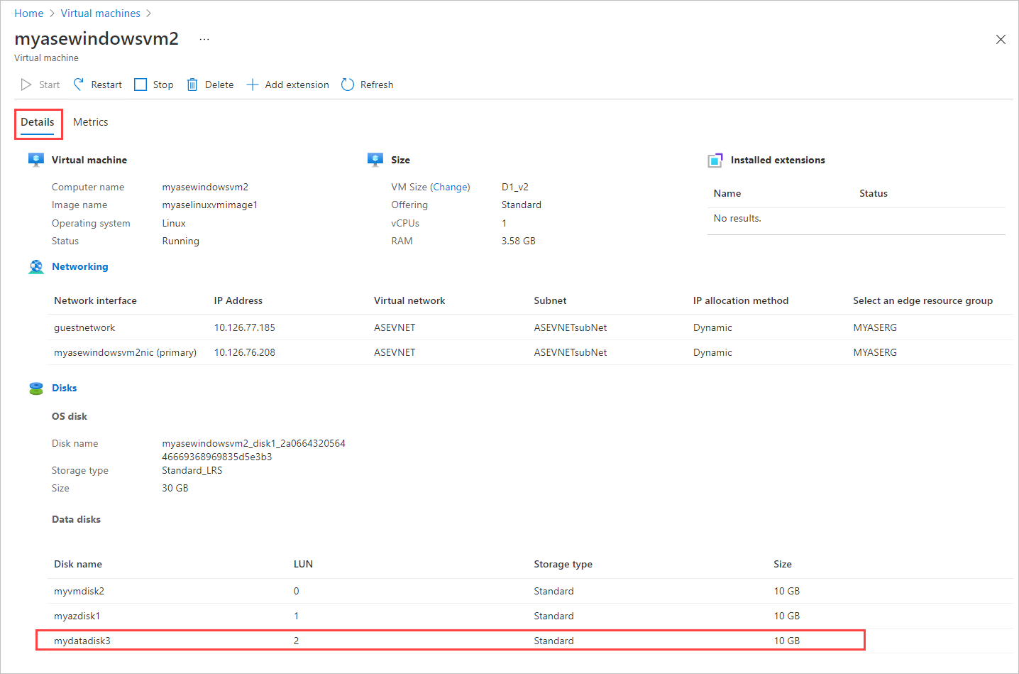 Screenshot of the Details tab for a virtual machine. A newly created virtual machine disk is highlighted in the Disks area.