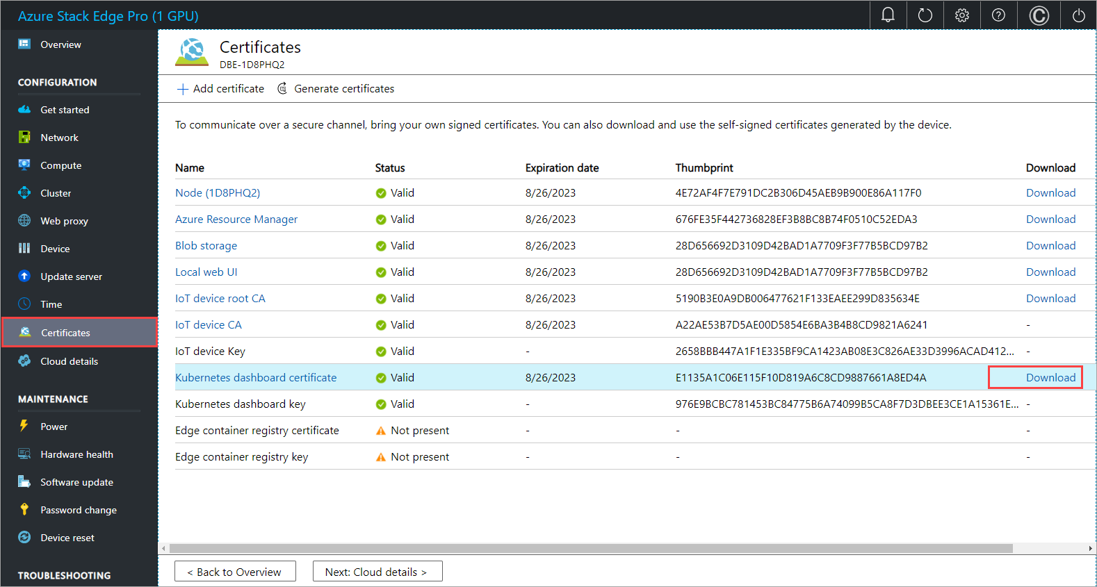 Download Kubernetes dashboard endpoint certificate