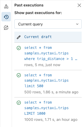 The record shows each time the query has run, including the specific query syntax.