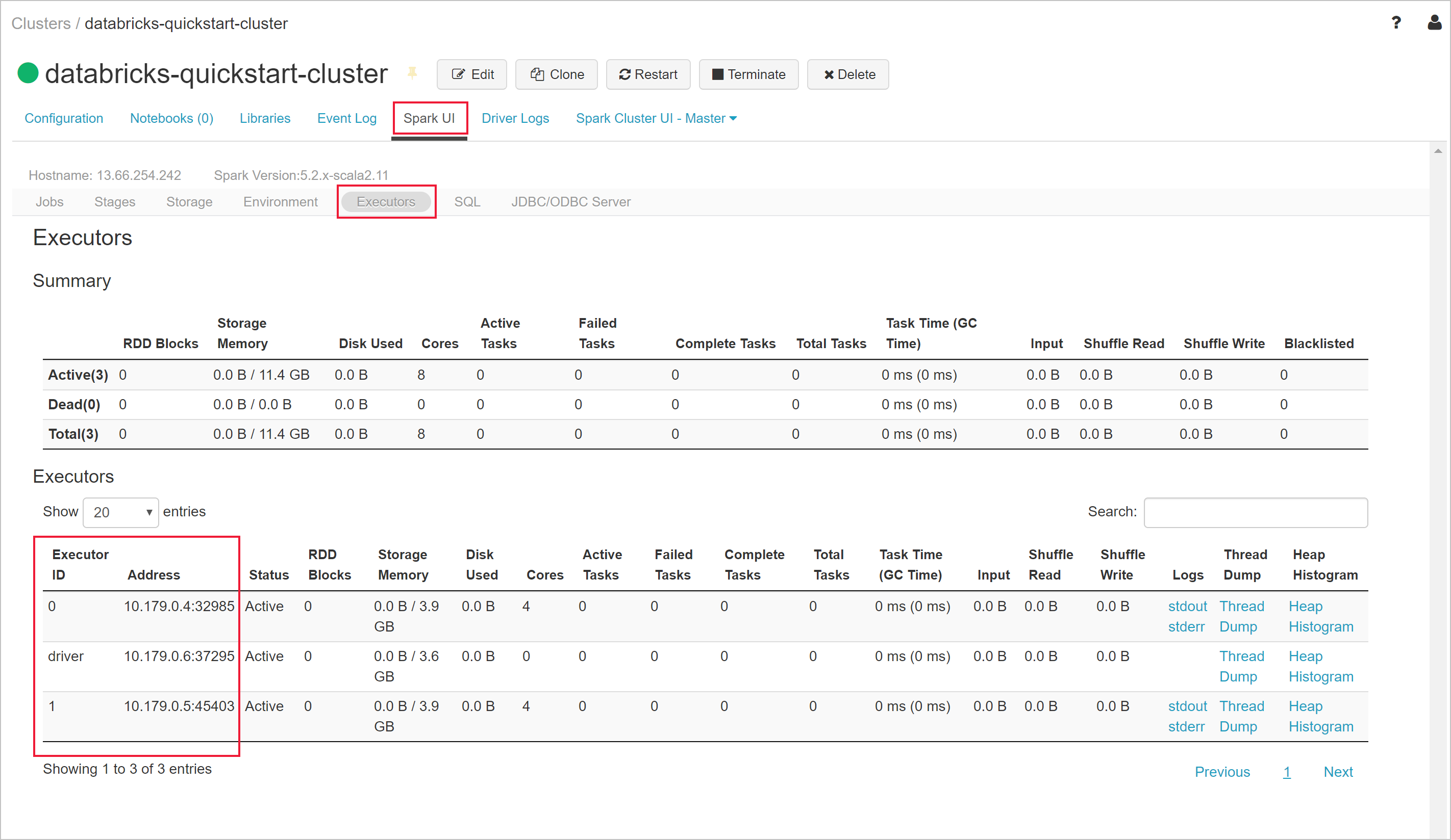 Azure Databricks Spark UI executors