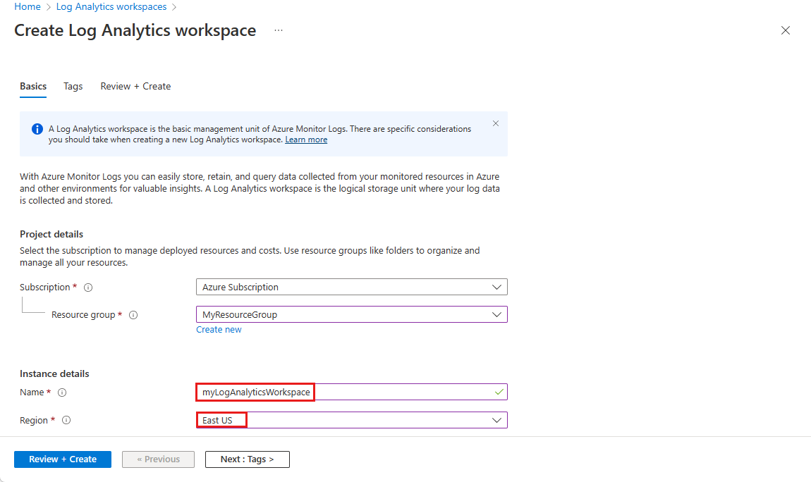 Screenshot of configuring a log analytics workspace.