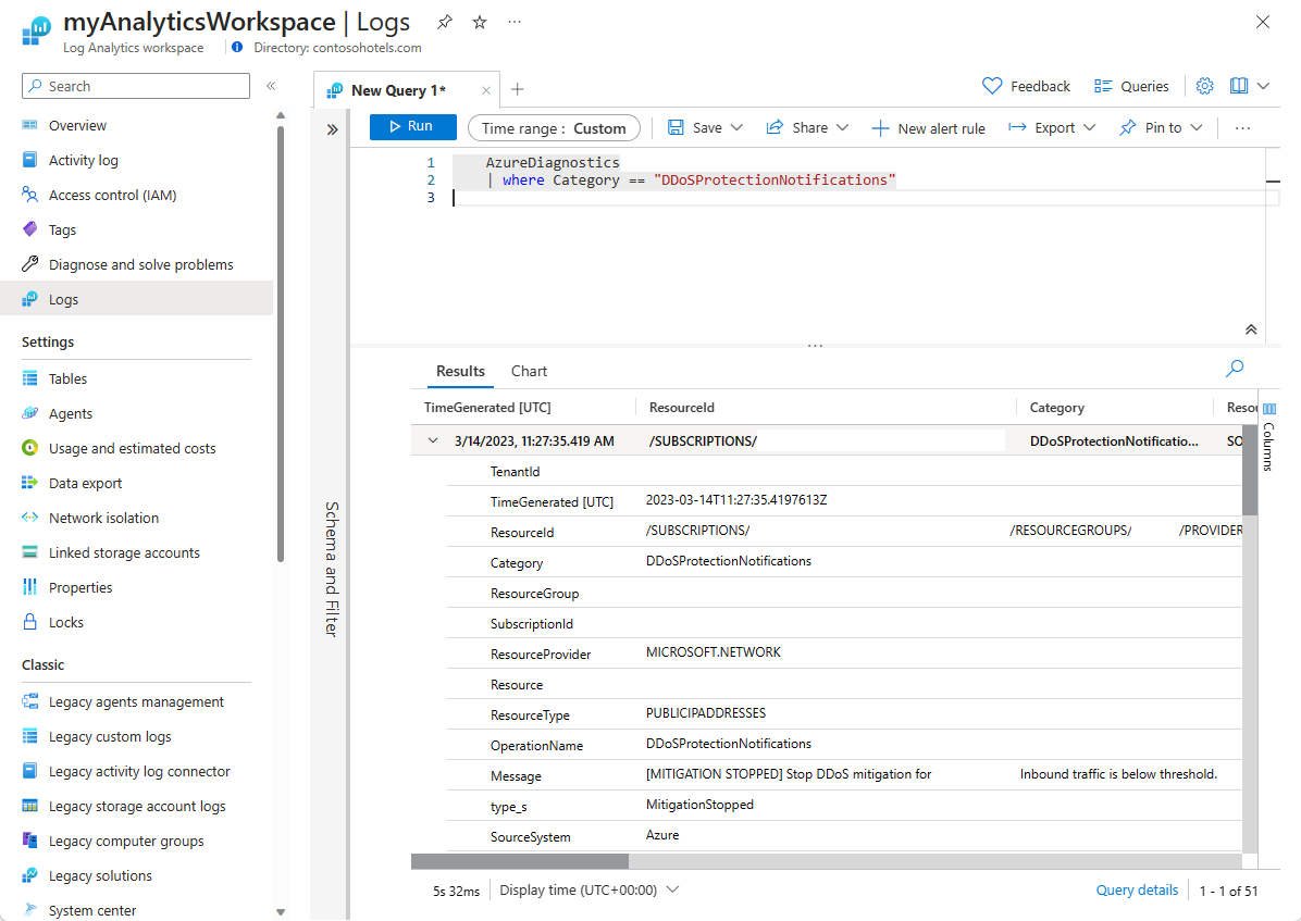 Screenshot of viewing DDoS Protection notification logs in log analytics workspace.