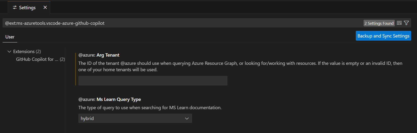 Screenshot that shows the Settings tab with an option to set the Azure Resource Graph tenant.