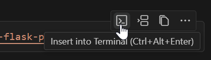 Screenshot that shows a pop-up menu with an option to insert a code-fenced command into the Visual Studio Code terminal.