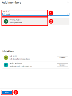 A screenshot of the Add members dialog box showing how to select developer accounts to be included in the group.