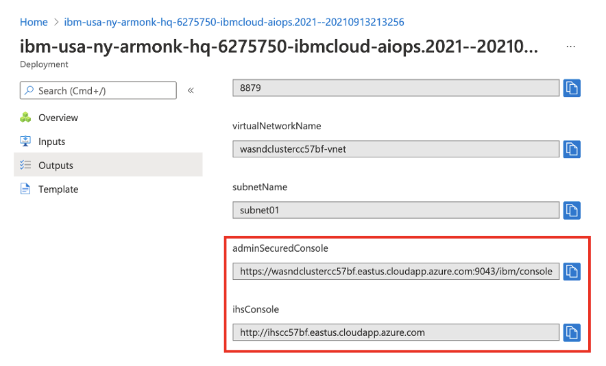 Screenshot of the Azure portal cluster Deployment Outputs page with adminSecuredConsole and ihsConsole fields highlighted.