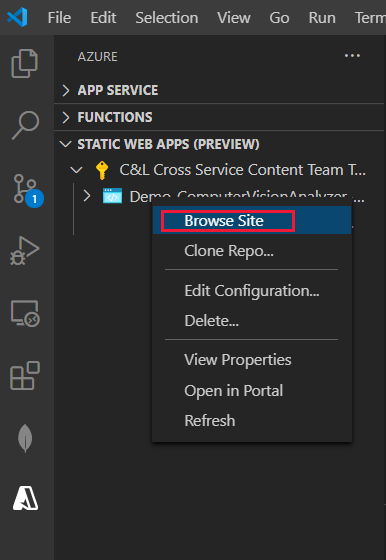 Screenshot of web browser: Select `Browse site`, then select `Open` to view the public static web site. 