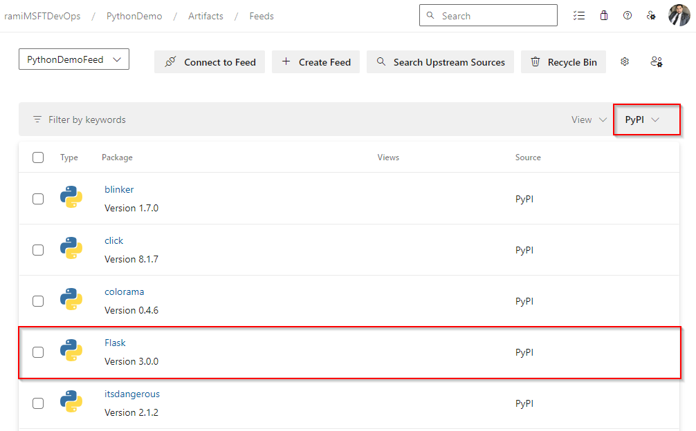 A screenshot showing packages installed from PyPI upstream.